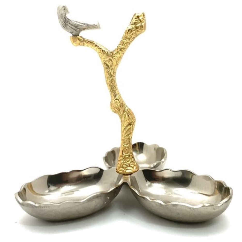 Gold and Silver Triple Divided Dish with Bird Accent Desing